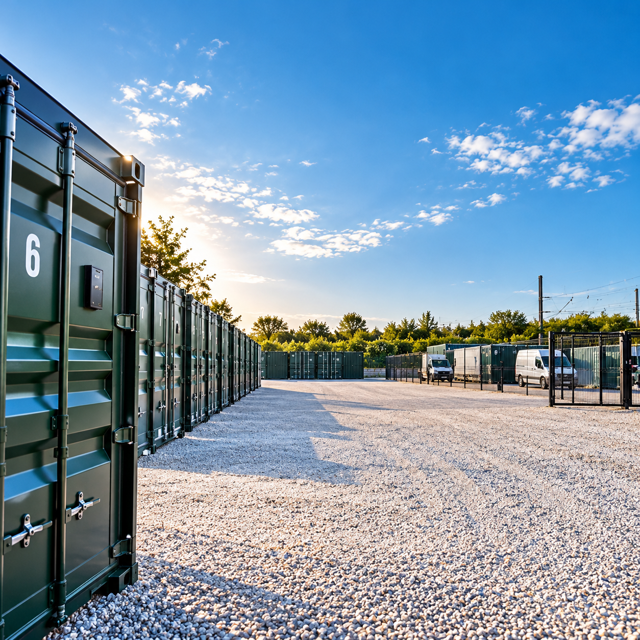 Rows of green storage containers at The Old Station Works, Shipton by Beningbrough