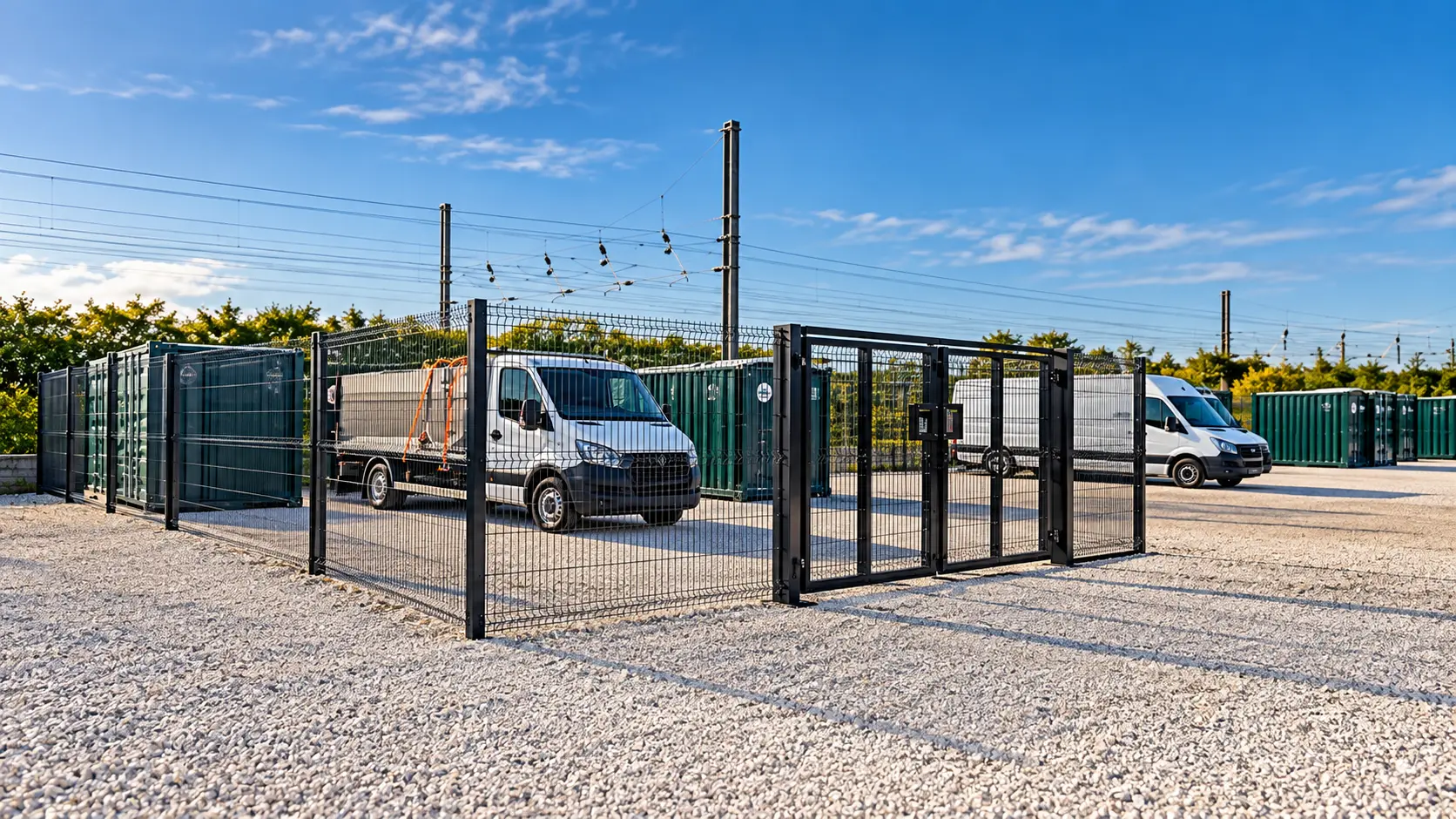 Secure fenced commercial yard with vehicles